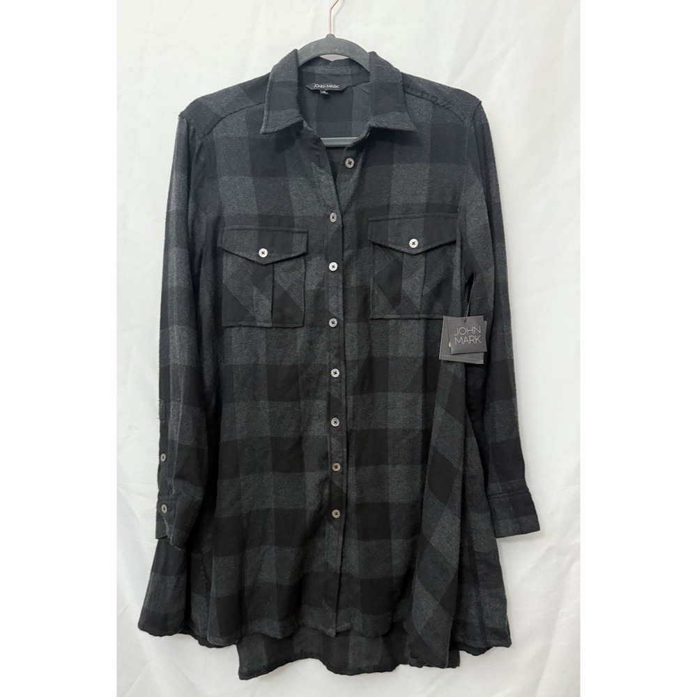 NWT John Mark Long Tunic Top Black Plaid Long Sleeve Womens‎ Size S Button Down